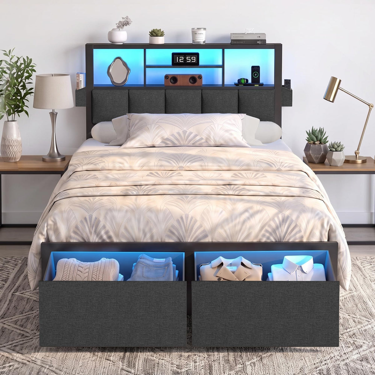 Twin Bed Frame with LED Lights, Storage Drawers and Charging Station U4942
