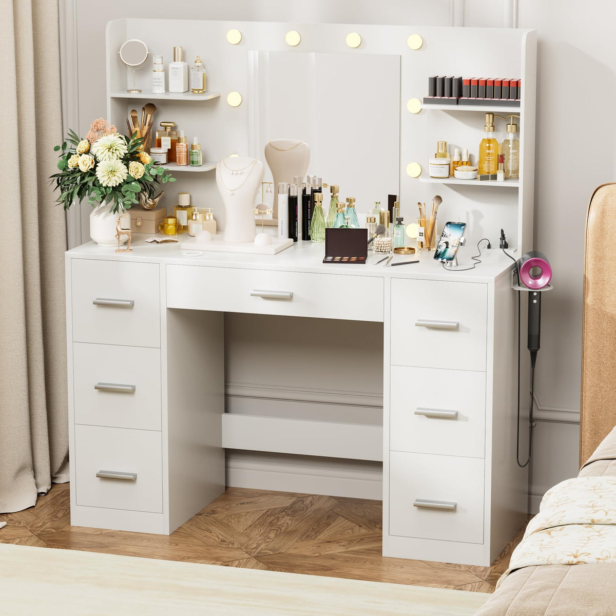 White Vanity Desk with Lighted Mirror and 7 Drawers K6489