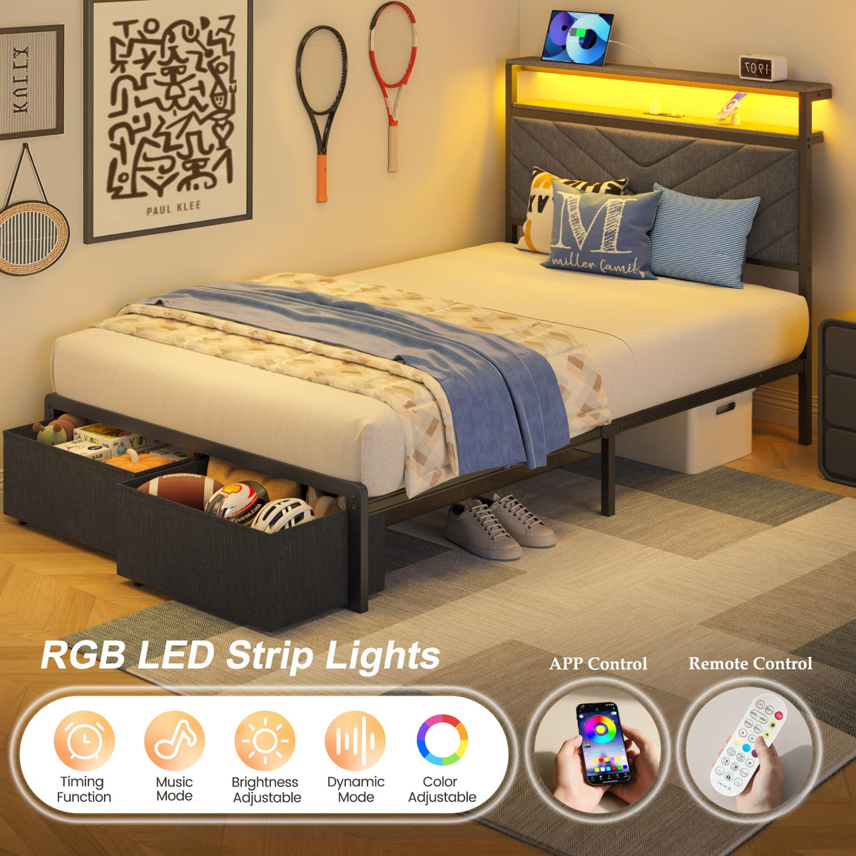 Grey Twin Bed Frame with Charging Station, LED Lights & 2 Storage Drawers U7837