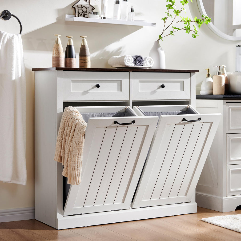 Double Tilt Out Laundry Hamper Cabinet Antique White Y6681