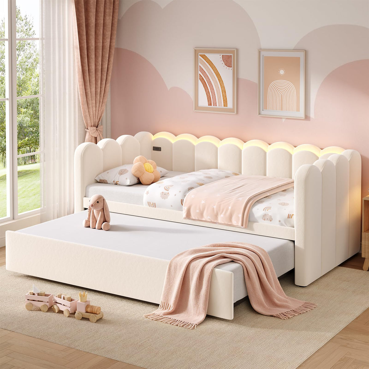 Beige Twin Velvet Upholstered Daybed with Pop Up Trundle F714