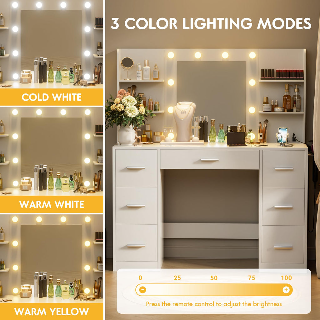 White Vanity Desk with Lighted Mirror and 7 Drawers K6489