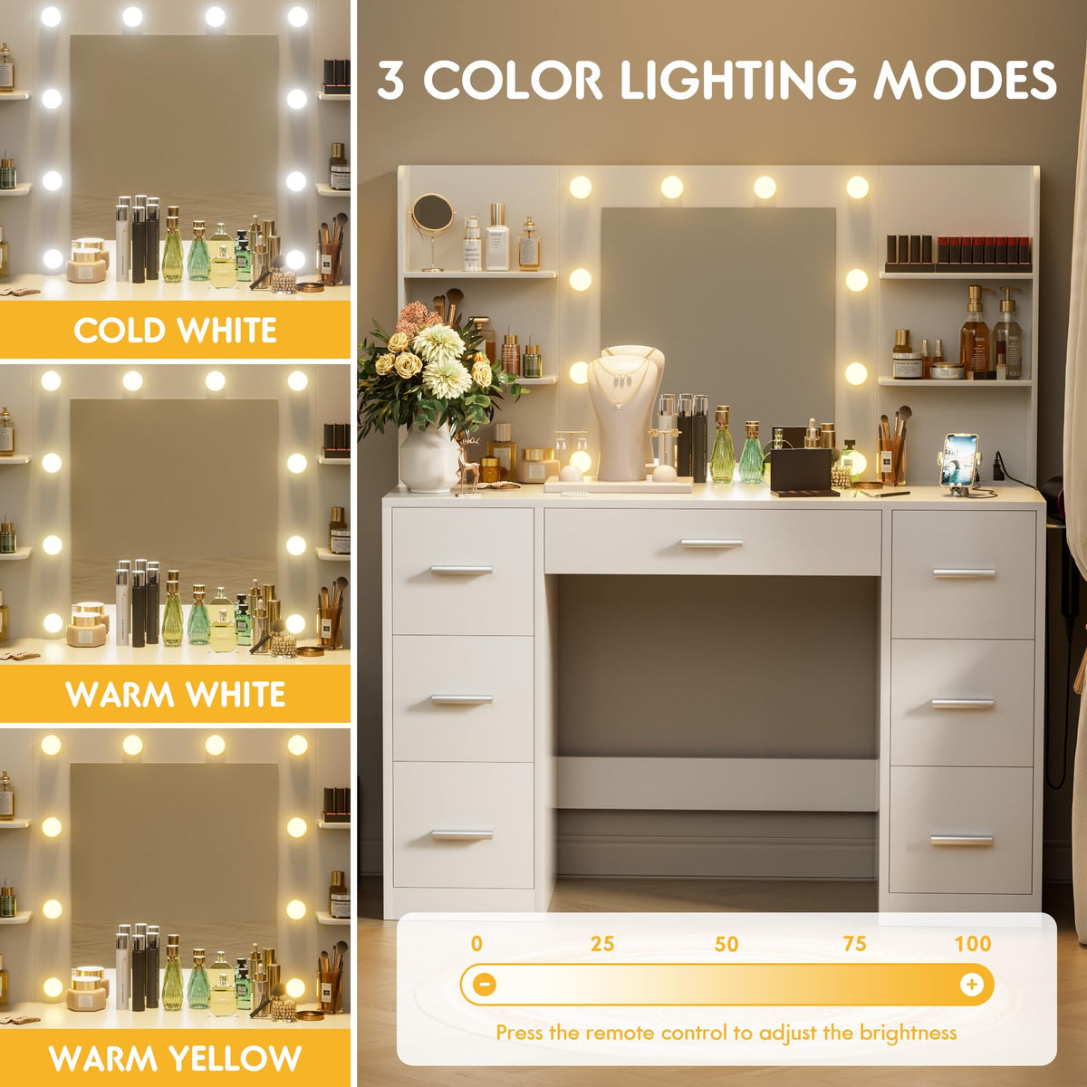 White Vanity Desk with Lighted Mirror and 7 Drawers K6489