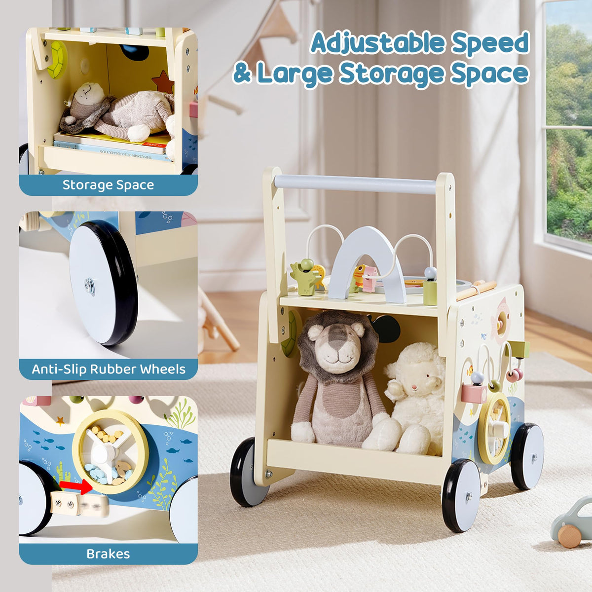 Wooden Baby Walker Push Toy with Fishing Game, Music, Storage R55116