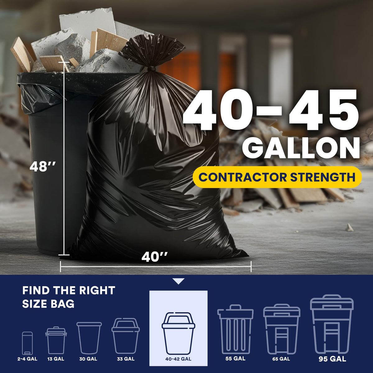 Black Heavy Duty 40-45 Gallon Trash Bags 3.0 Mil 50 Count B1285