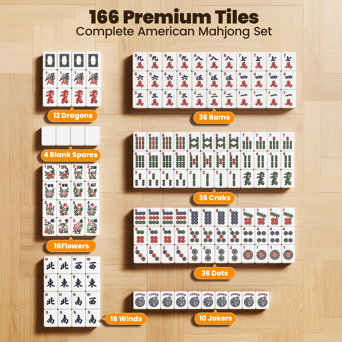 166 Tiles Mahjong Set with 4 Racks I94100