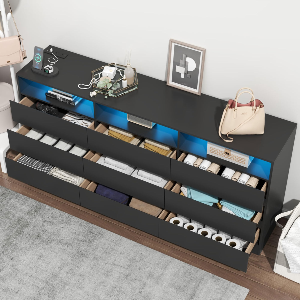 Black 9 Drawer Dresser with LED Lights & Power Outlet V3800
