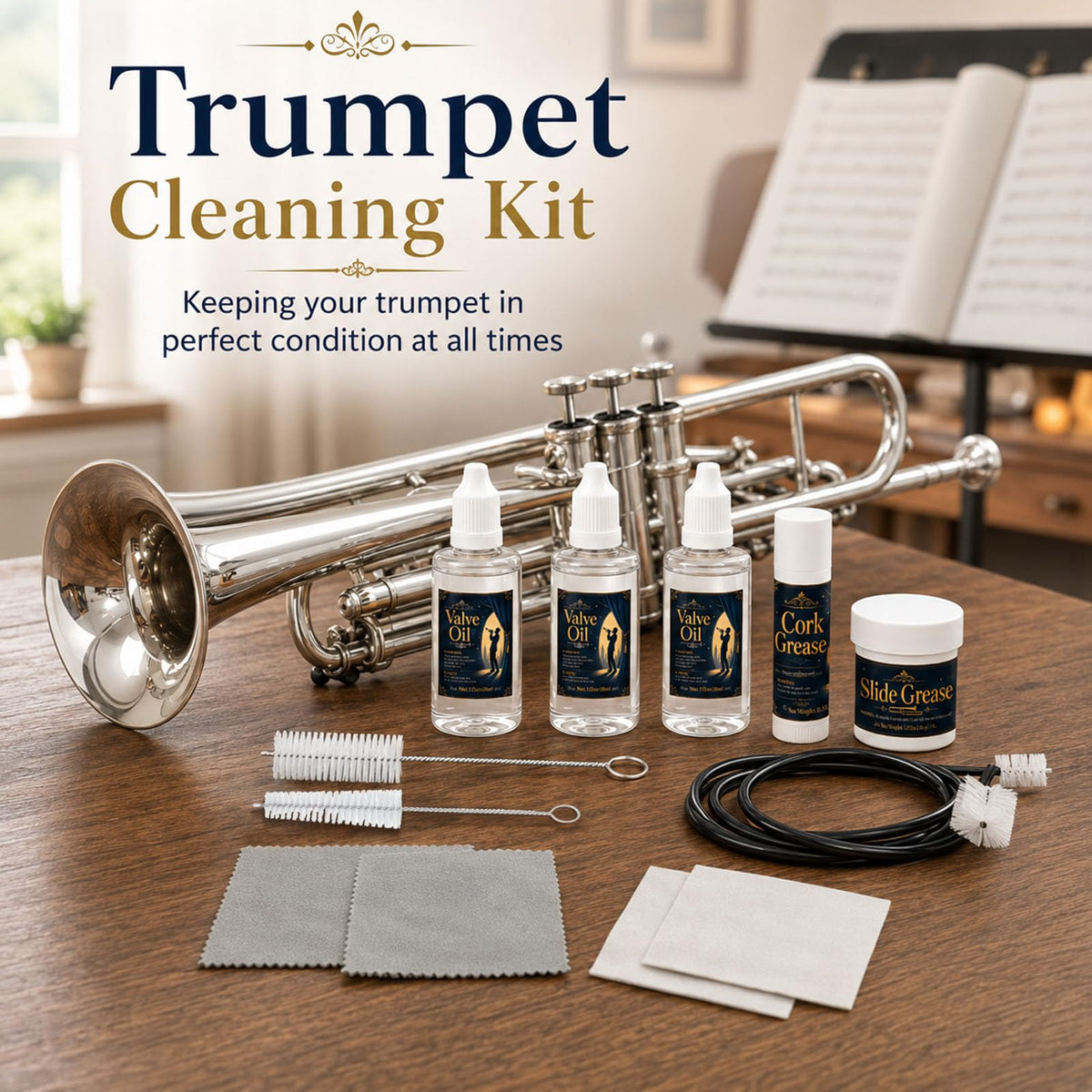 12 Pc Trumpet Cleaning Care Kit with Valve Oil, Grease, Brush P783158