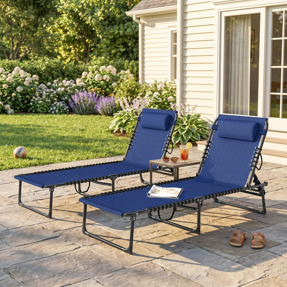 Folding Chaise Lounge Chair Set of 2 Blue D5175