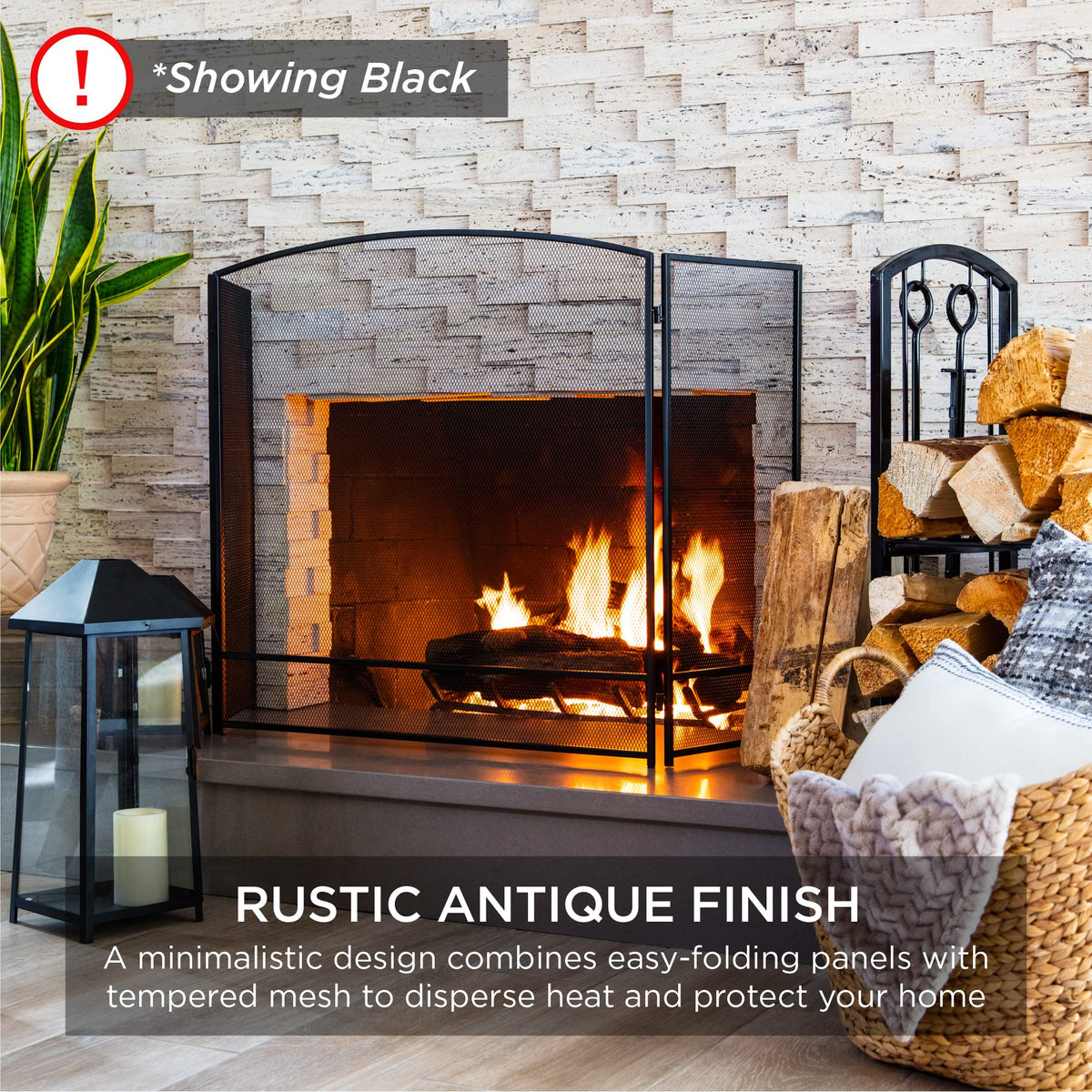 47.5x27.25in 3-Panel Steel Mesh Fireplace Screen Q6307
