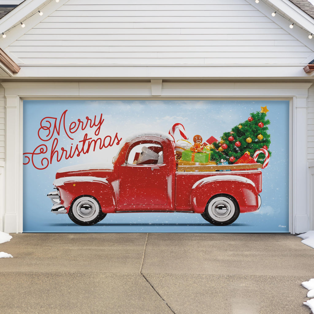 Red Truck Christmas Tree Double Garage Door Banner F51961