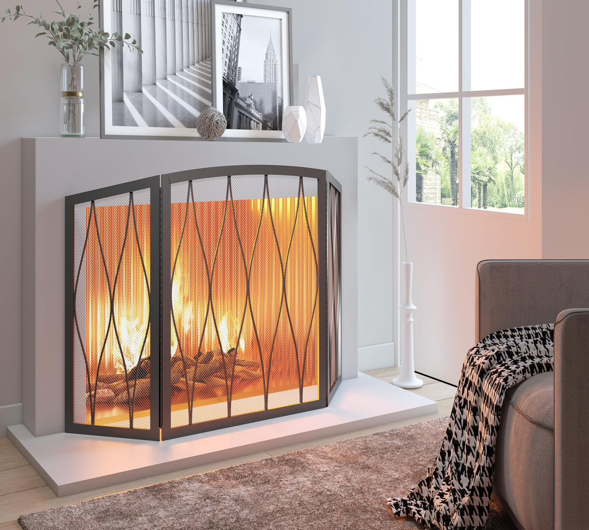 Childproof 3-Panel Wrought Iron Fireplace Screen O95703