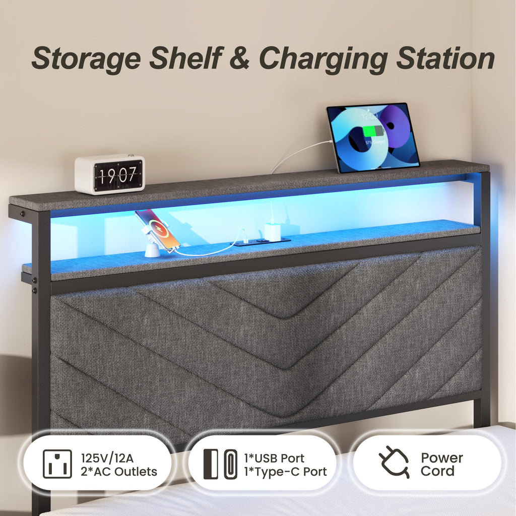 Grey Twin Bed Frame with Charging Station, LED Lights & 2 Storage Drawers U7837