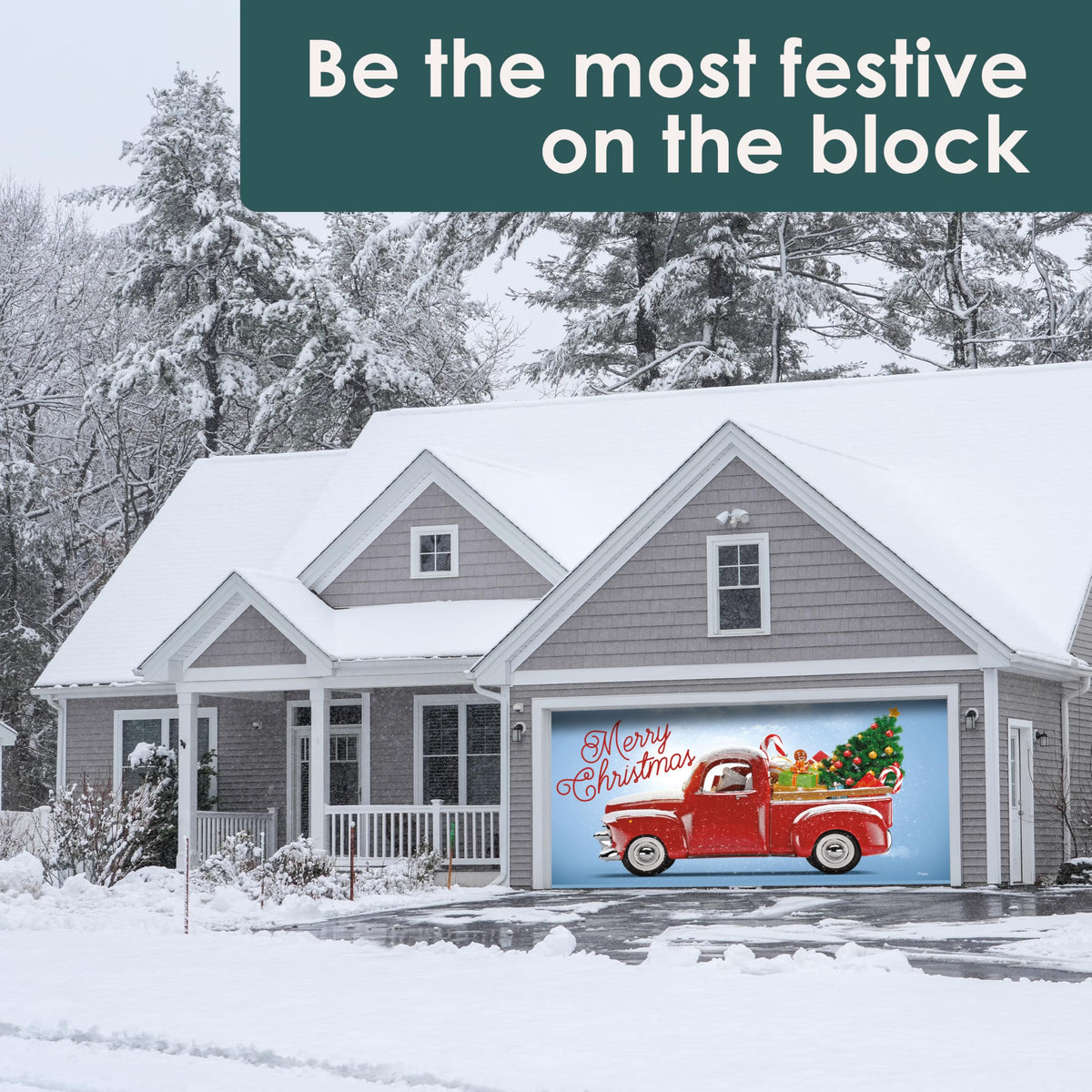 Red Truck Christmas Tree Double Garage Door Banner F51961