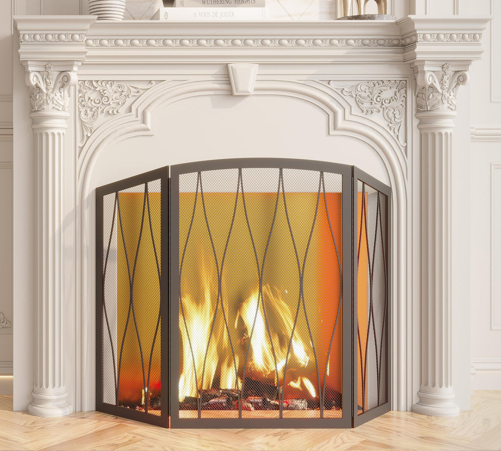 Childproof 3-Panel Wrought Iron Fireplace Screen O95703