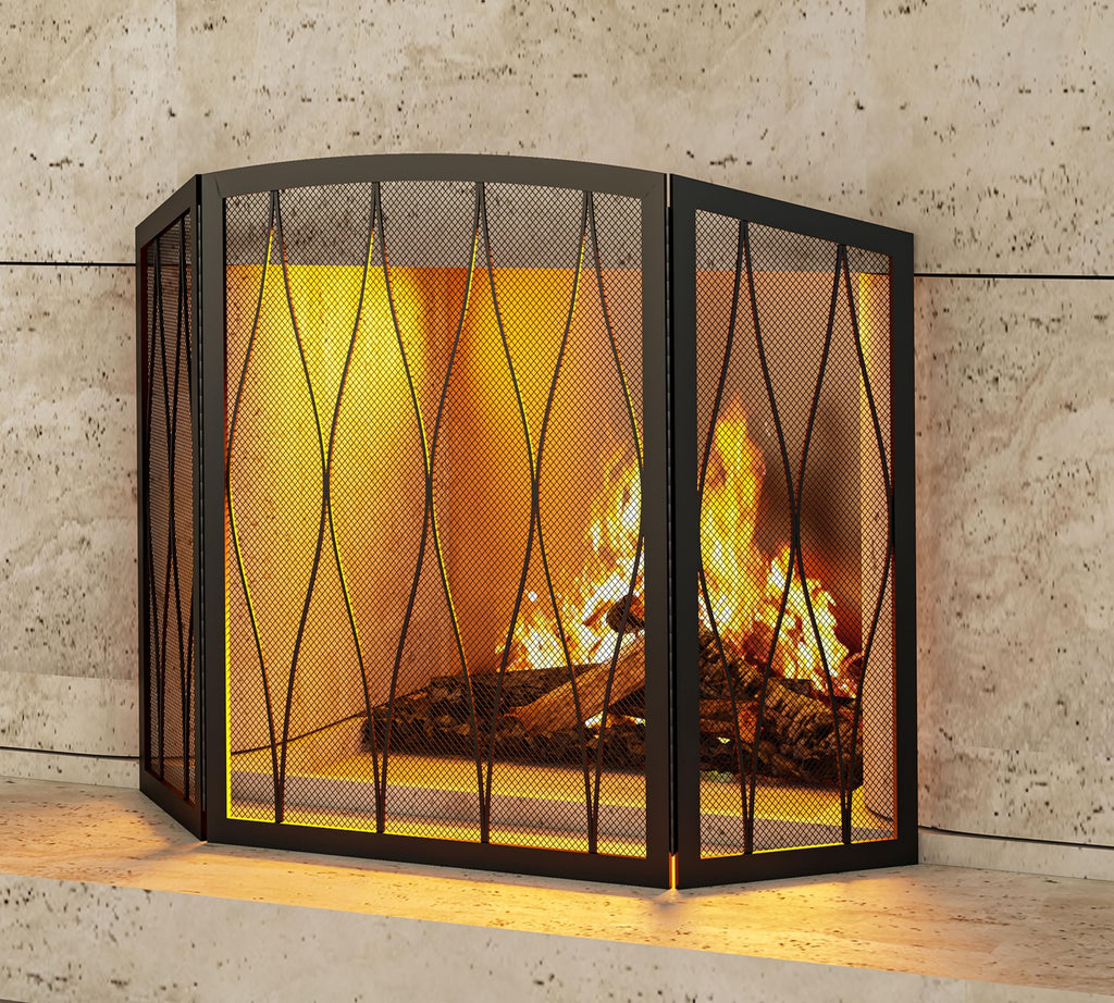 Childproof 3-Panel Wrought Iron Fireplace Screen O95703