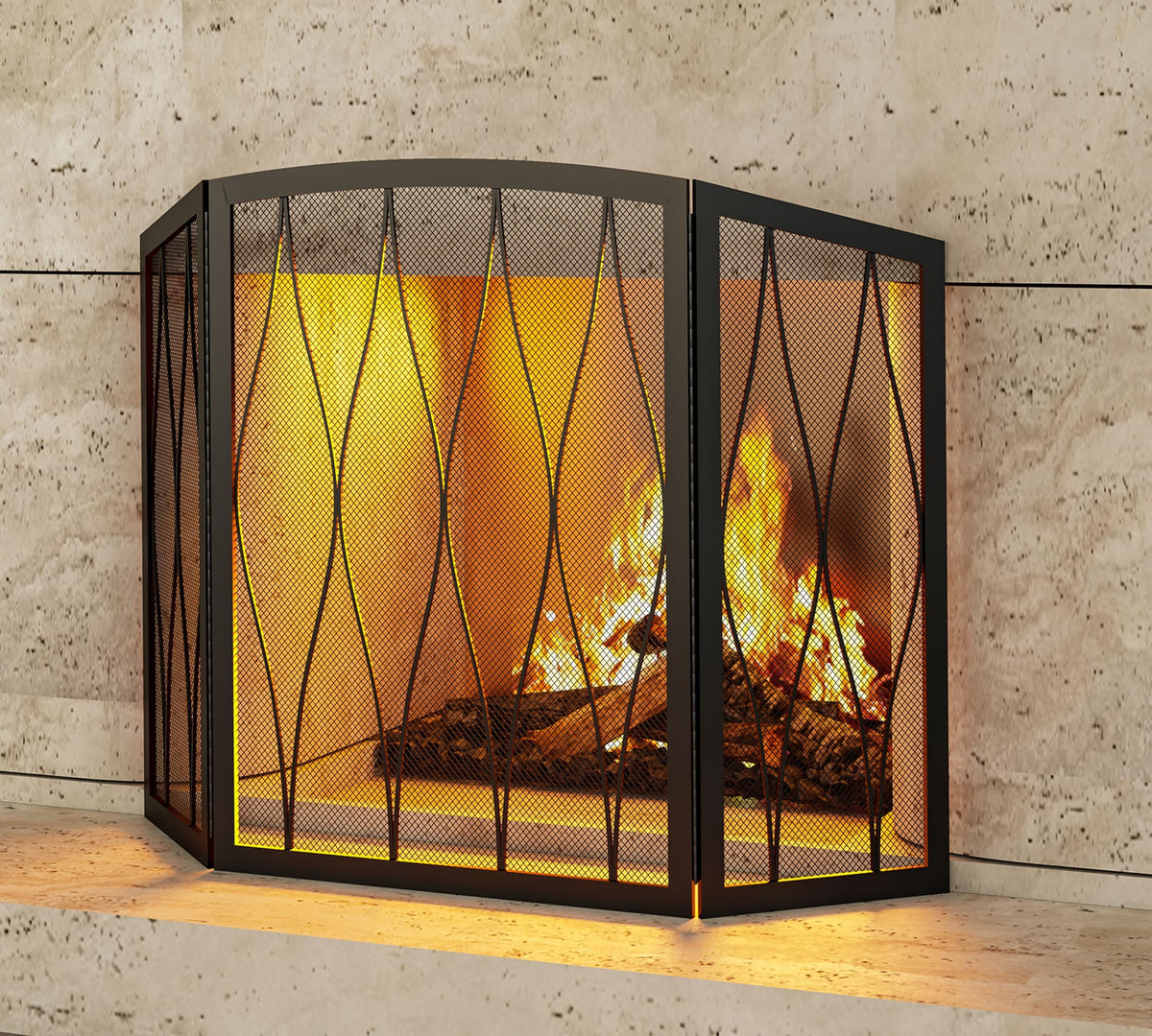 Childproof 3-Panel Wrought Iron Fireplace Screen O95703