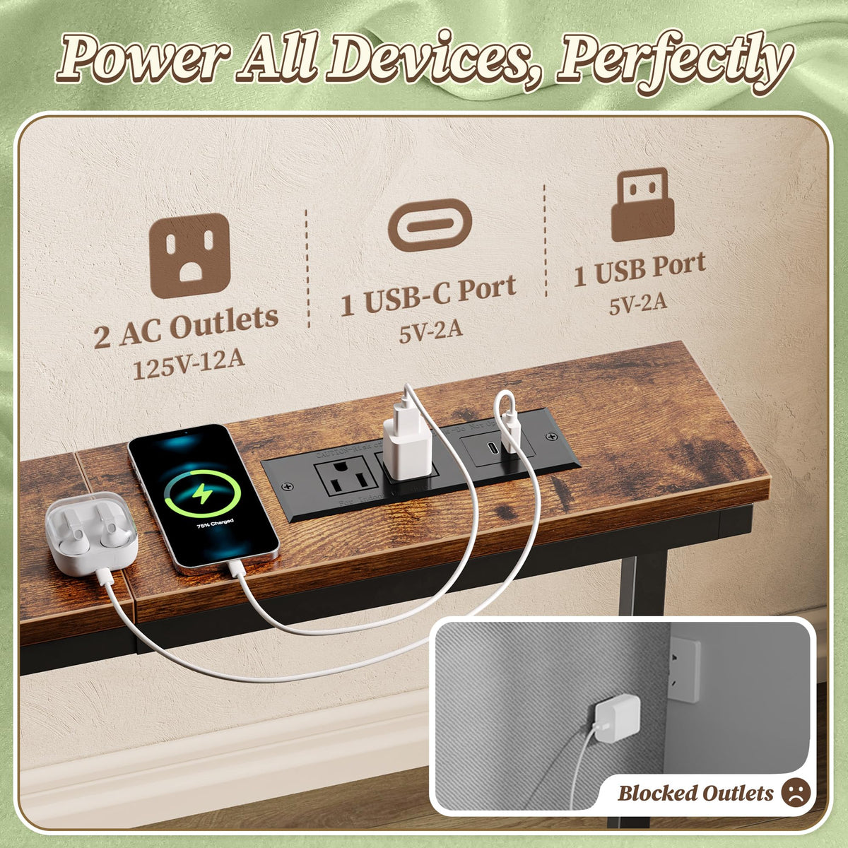 Extendable Behind Couch Table with Outlets H402877