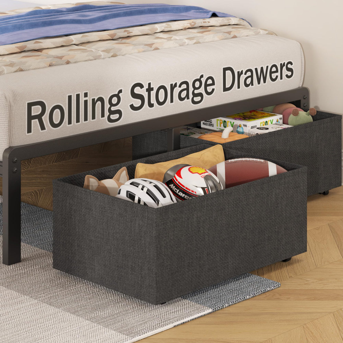 Grey Twin Bed Frame with Charging Station, LED Lights & 2 Storage Drawers U7837