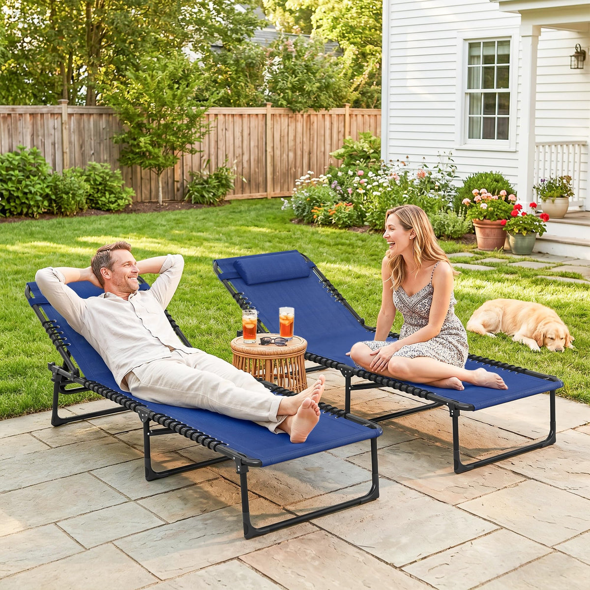 Folding Chaise Lounge Chair Set of 2 Blue D5175