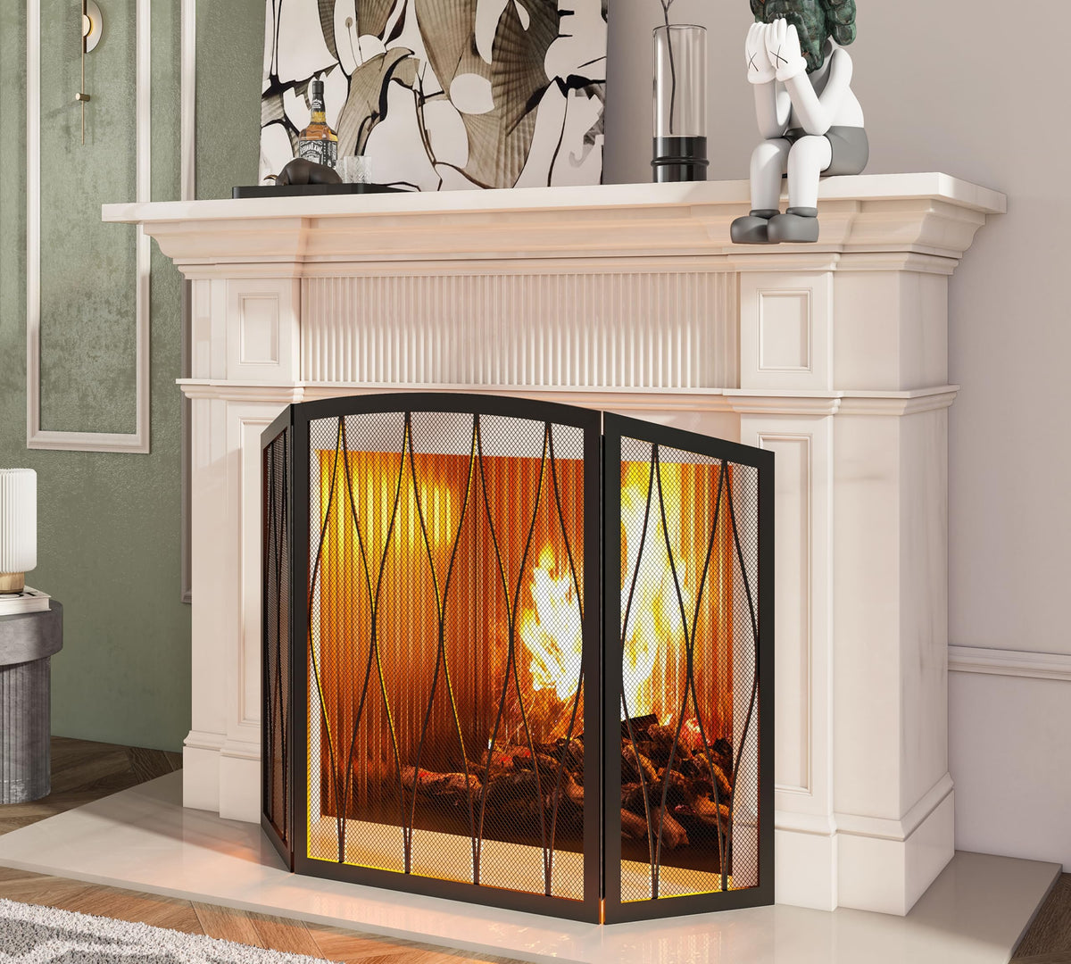 Childproof 3-Panel Wrought Iron Fireplace Screen O95703