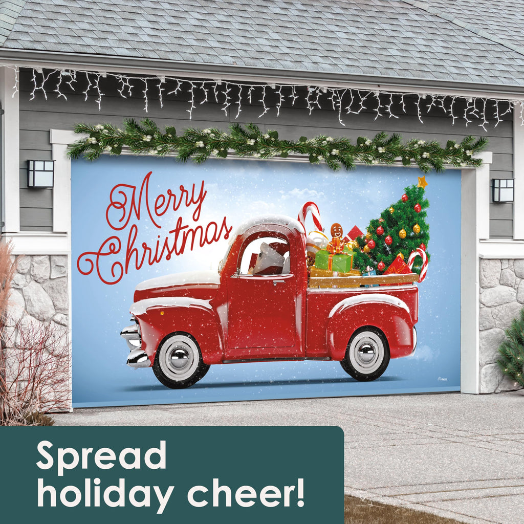 Red Truck Christmas Tree Double Garage Door Banner F51961