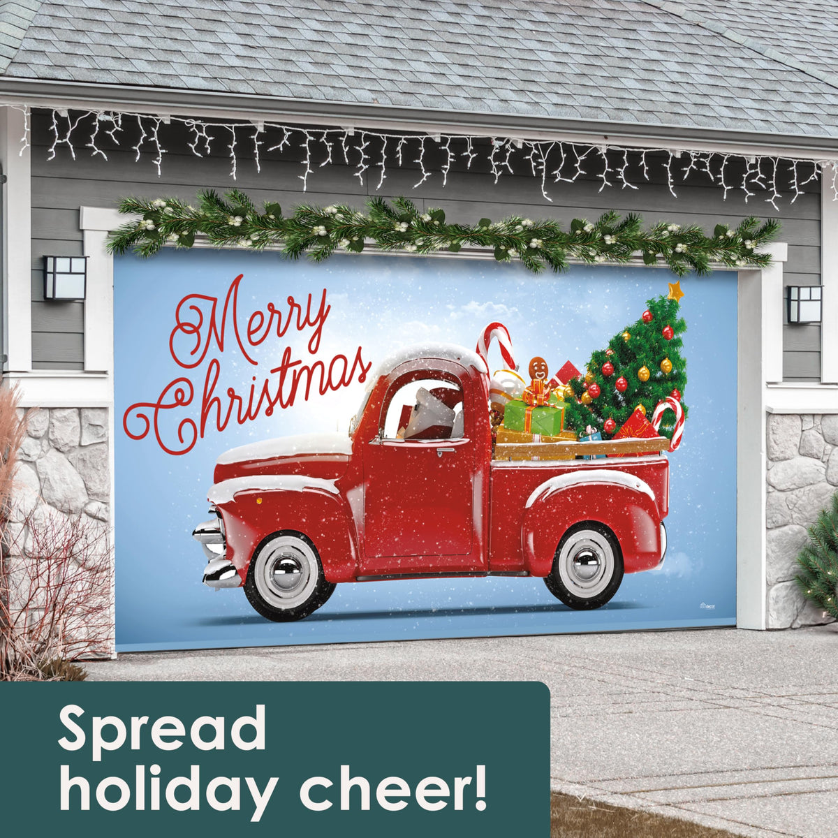 Red Truck Christmas Tree Double Garage Door Banner F51961