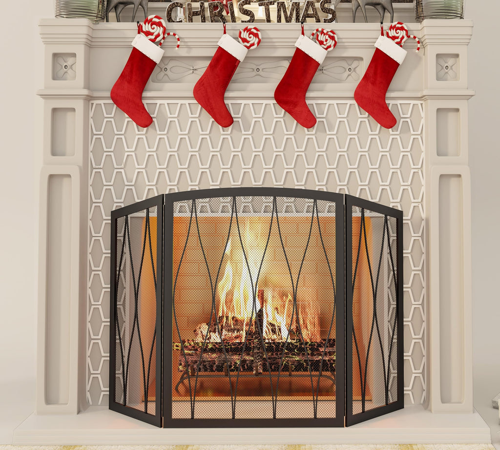 Childproof 3-Panel Wrought Iron Fireplace Screen O95703